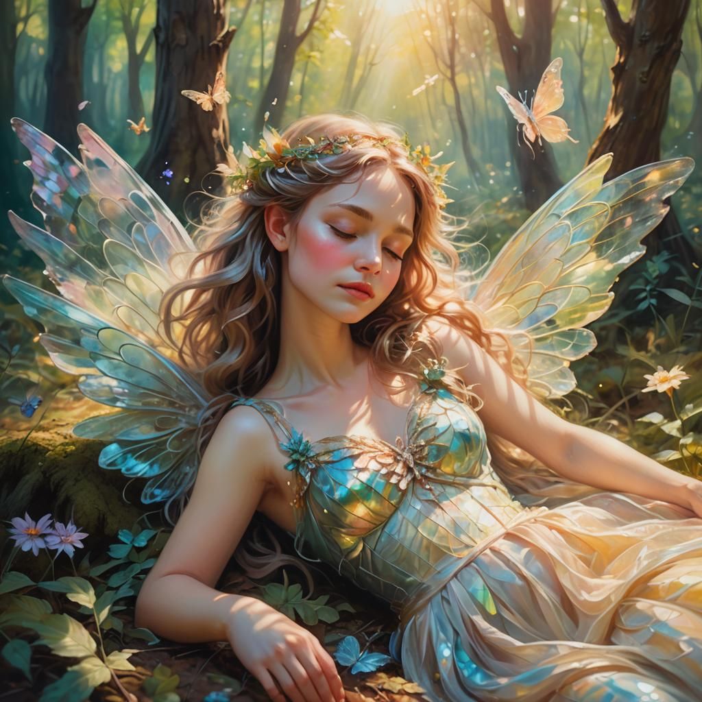 Drunk Fairy Sleeping in Forest, Ethereal Oil Painting