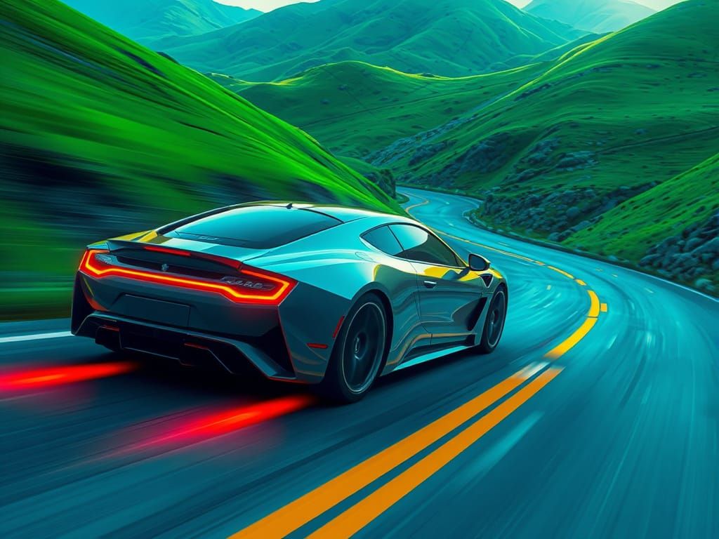 Futuristic Car Speeds on Winding Road