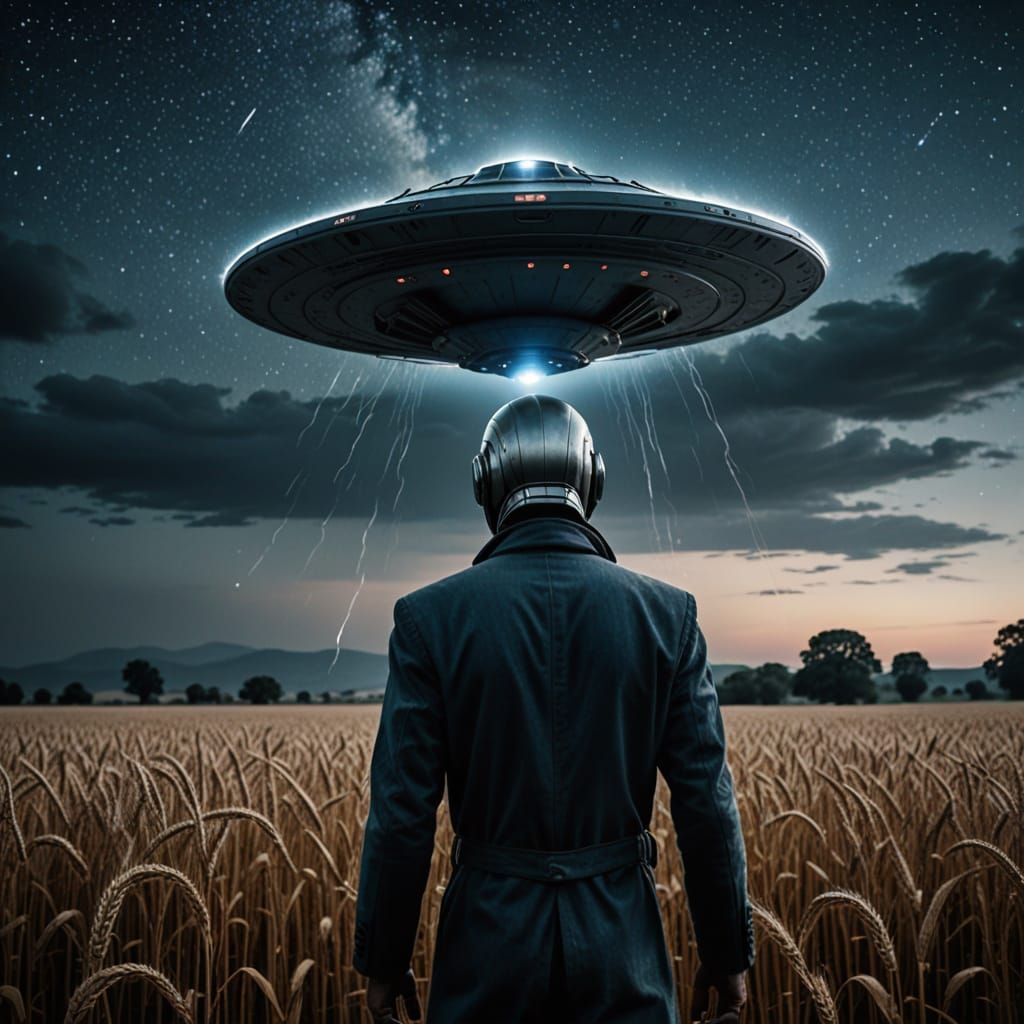 Ethereal Gray Alien in Wheat Field, Beside a Metallic Flying...