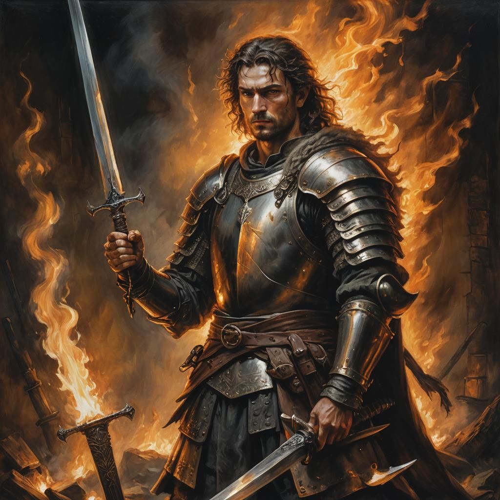 Warrior Sword Shines in Firelight: Fantasy Oil Painting