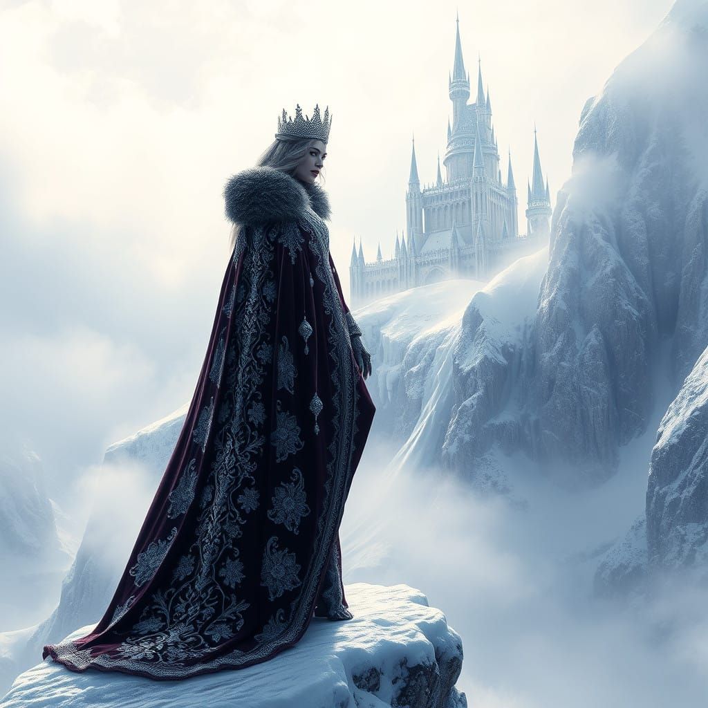 Winter Queen in Crystal Cloak, Majestic Palace in the Backgr...