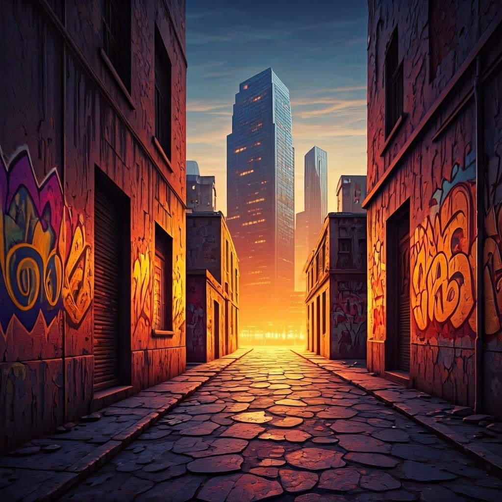 Surreal Cityscape Graffiti Art at Dusk