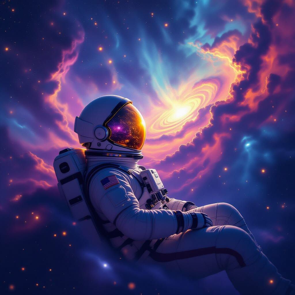 Astronaut Adrift in Vibrant Nebula, Cosmic Tapestry Reflecti...