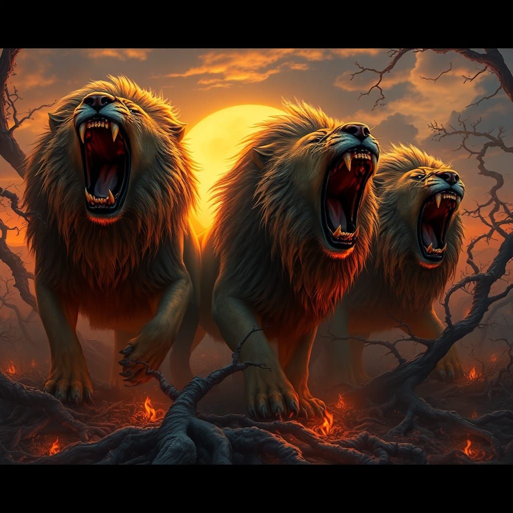 Roaring Lions in Mystical Savannah at Sunset