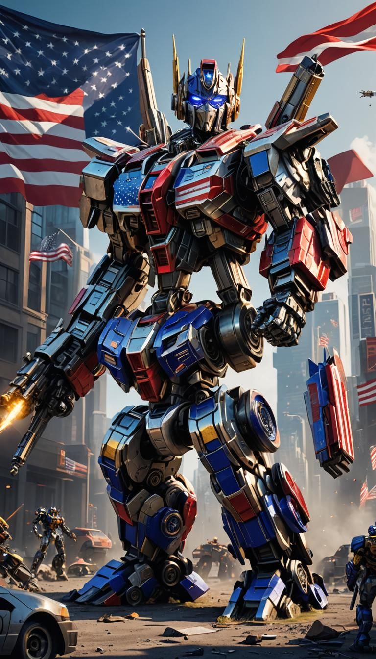 america flag become a giant transformers robot, liberty in background