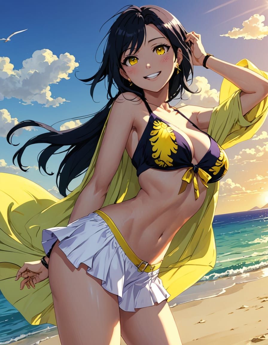 Anime Style Woman with Black Hair on Beach