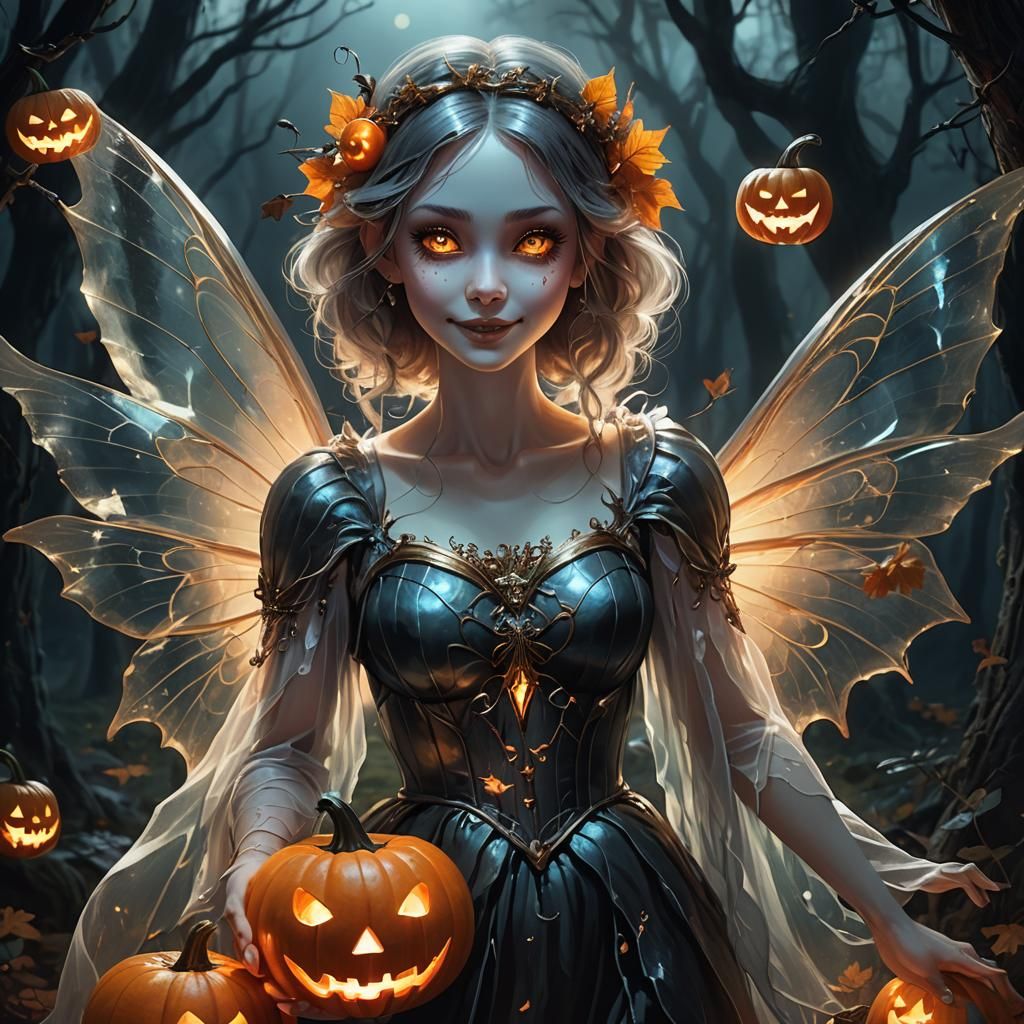 Ghost Fairy with Glowing Pumpkin in Dark Forest
