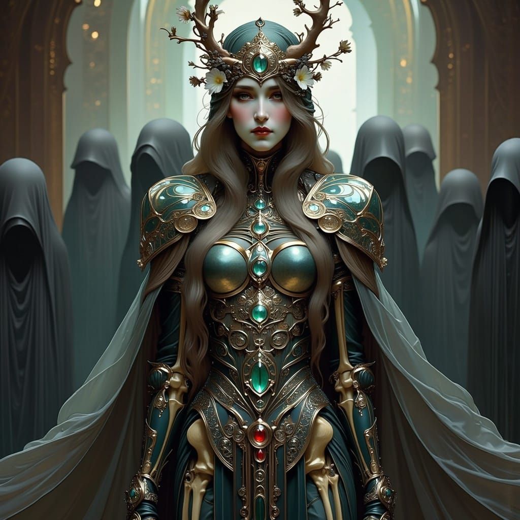 Powerful Monochrome Female Necromancer in Ornate Bone Armor