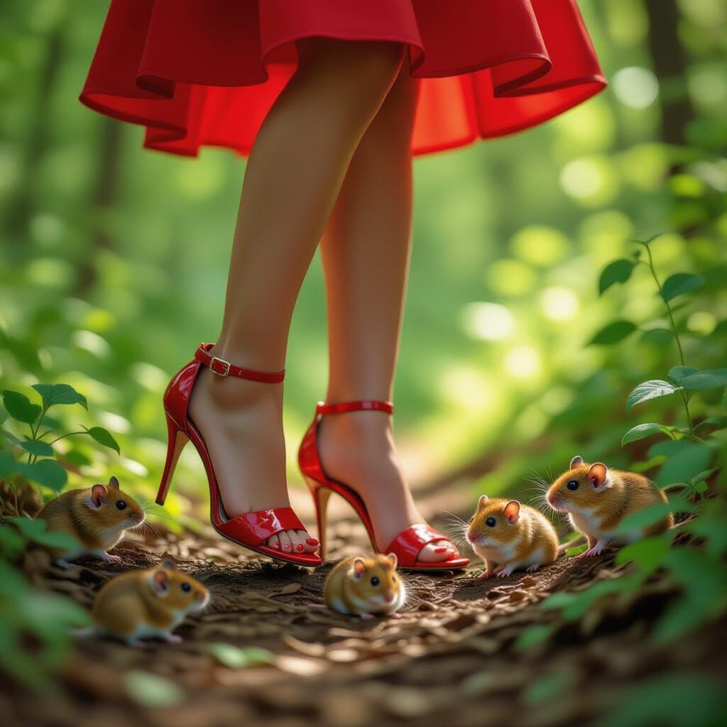 Red High Heels in Forest, Hyperrealistic Glamour Photography