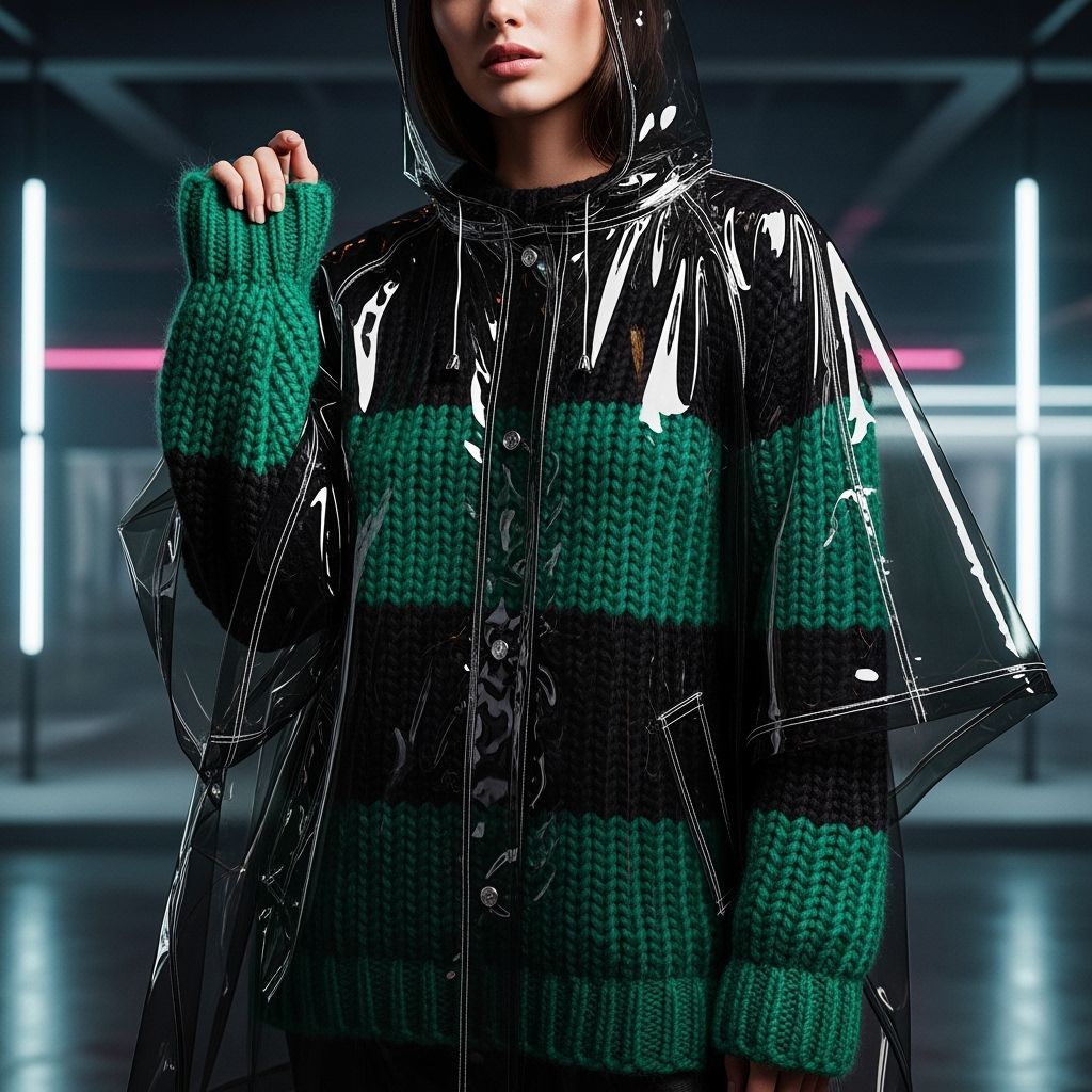 Futuristic Woman in Striped Sweater and Polymer Raincoat