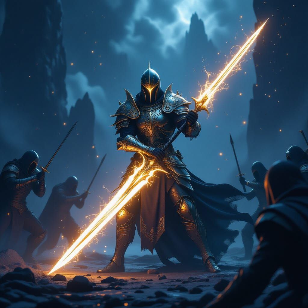 Celestial Warrior Fights Shadows in Cosmic Battle