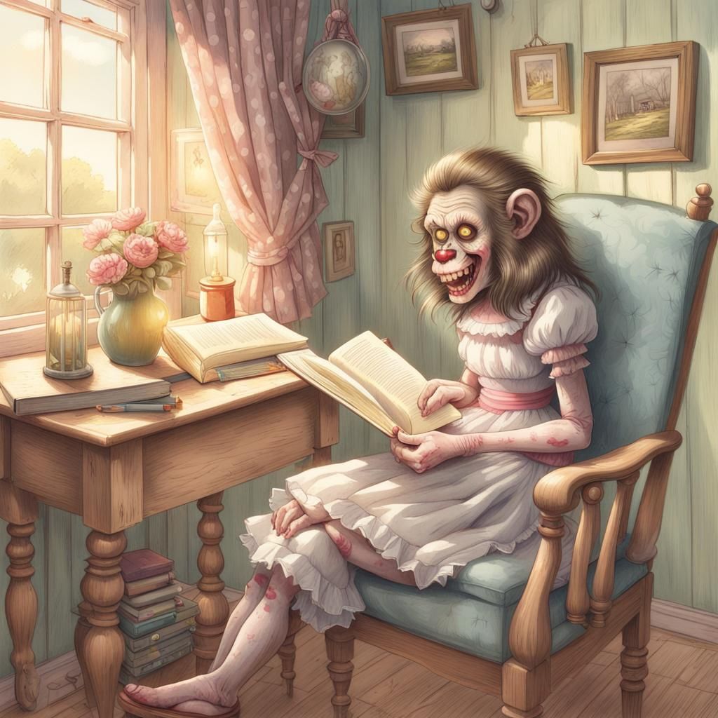 Zombie Monkey Monster Clown girl reading in a country cottag...