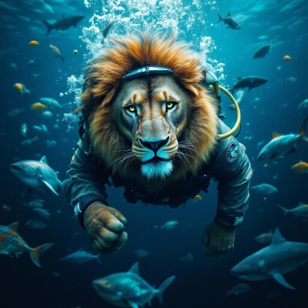 Lion Swims with Sharks in Diving Suit, Realistic Style