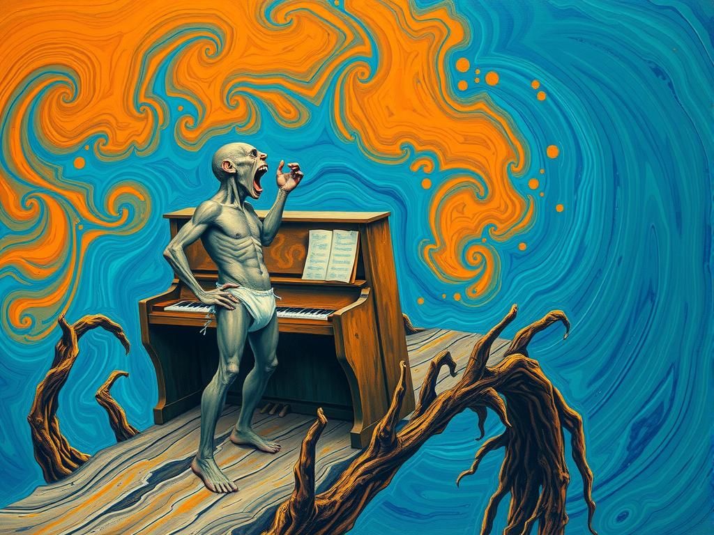 Surrealist Screaming Pianist on Fractal Bridge