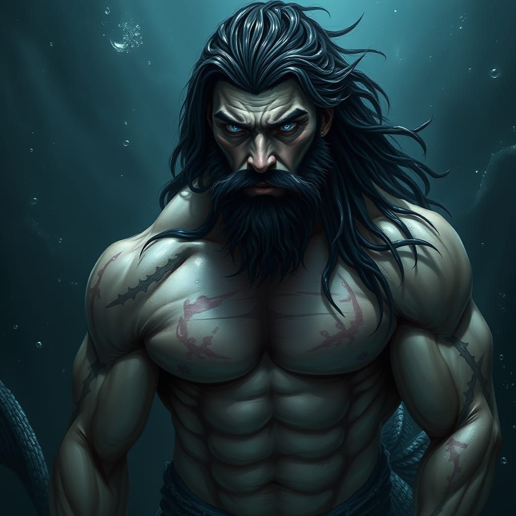Mysterious Sea God with Battle Scars and Piercing Eyes
