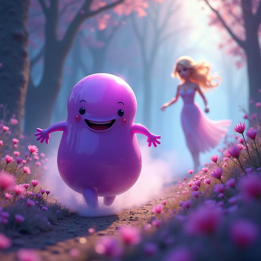 Purple Jellybean's Whimsical Chase in a Mystical Realm