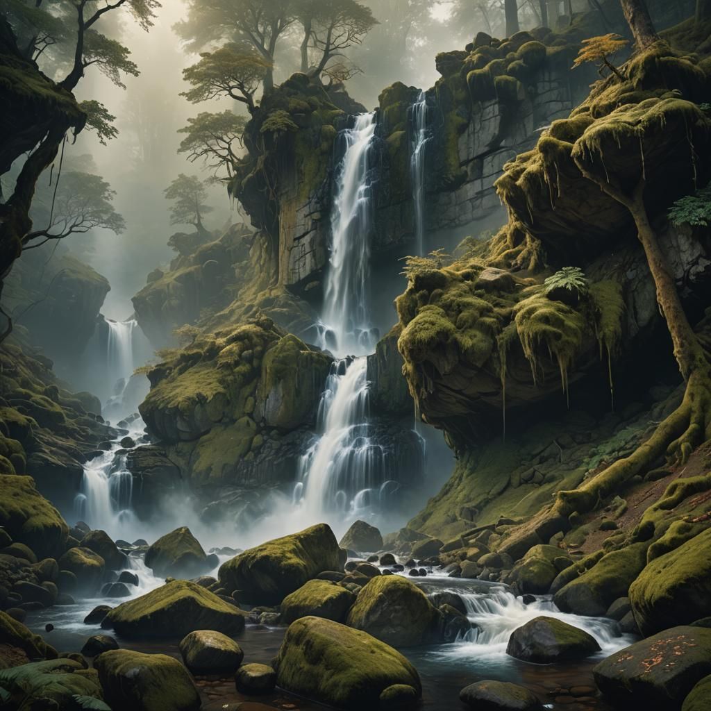 Majestic Waterfall Cascades in Mystical Forest