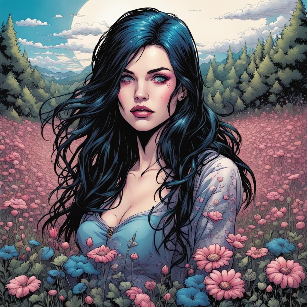 Punk Girl in Flower Meadow Comic Art