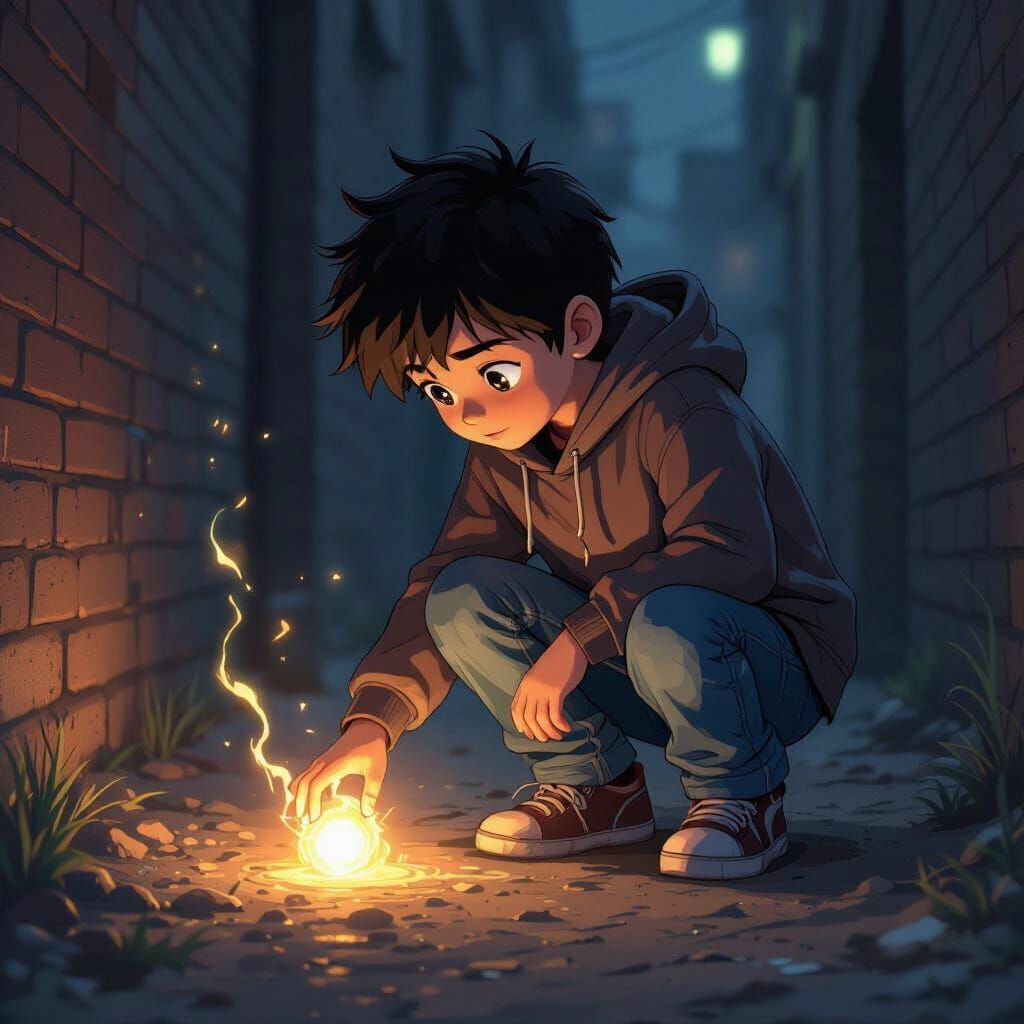 Boy Finds Glowing Object in Dark Alley, Anime Style