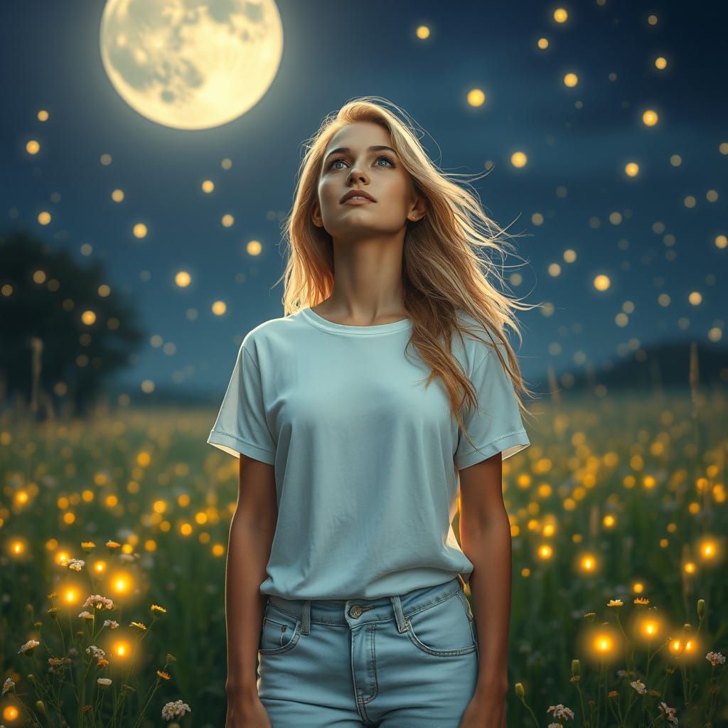 Enchanted Moonlit Field with Radiant Woman and Fireflies