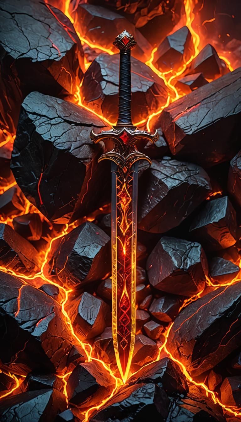 Flaming Sword in Volcanic Landscape: Hyperrealistic Concept ...
