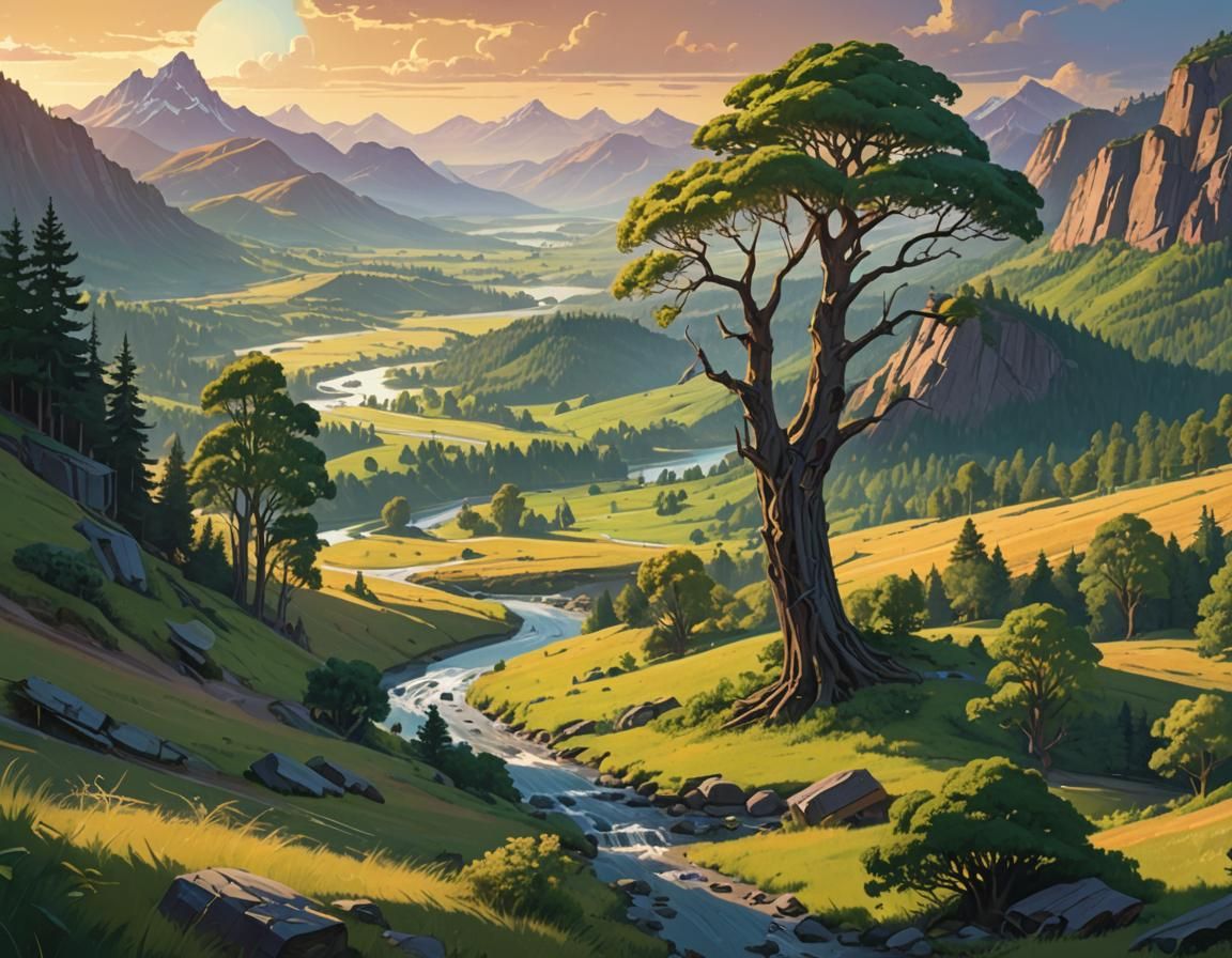 Serene Rural Landscape: Fantasy Concept Art