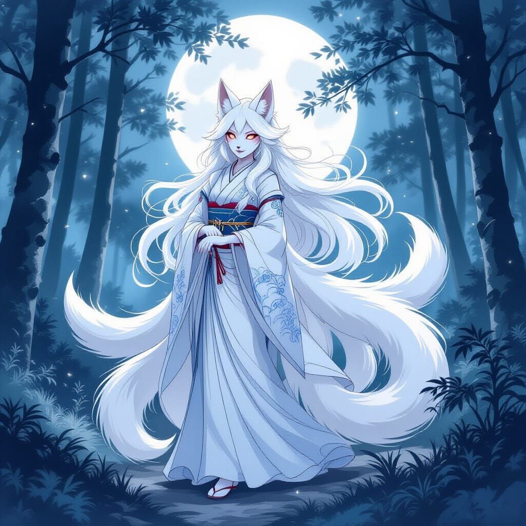 Japanese Kitsune in Mystical Forest, Watermark Style