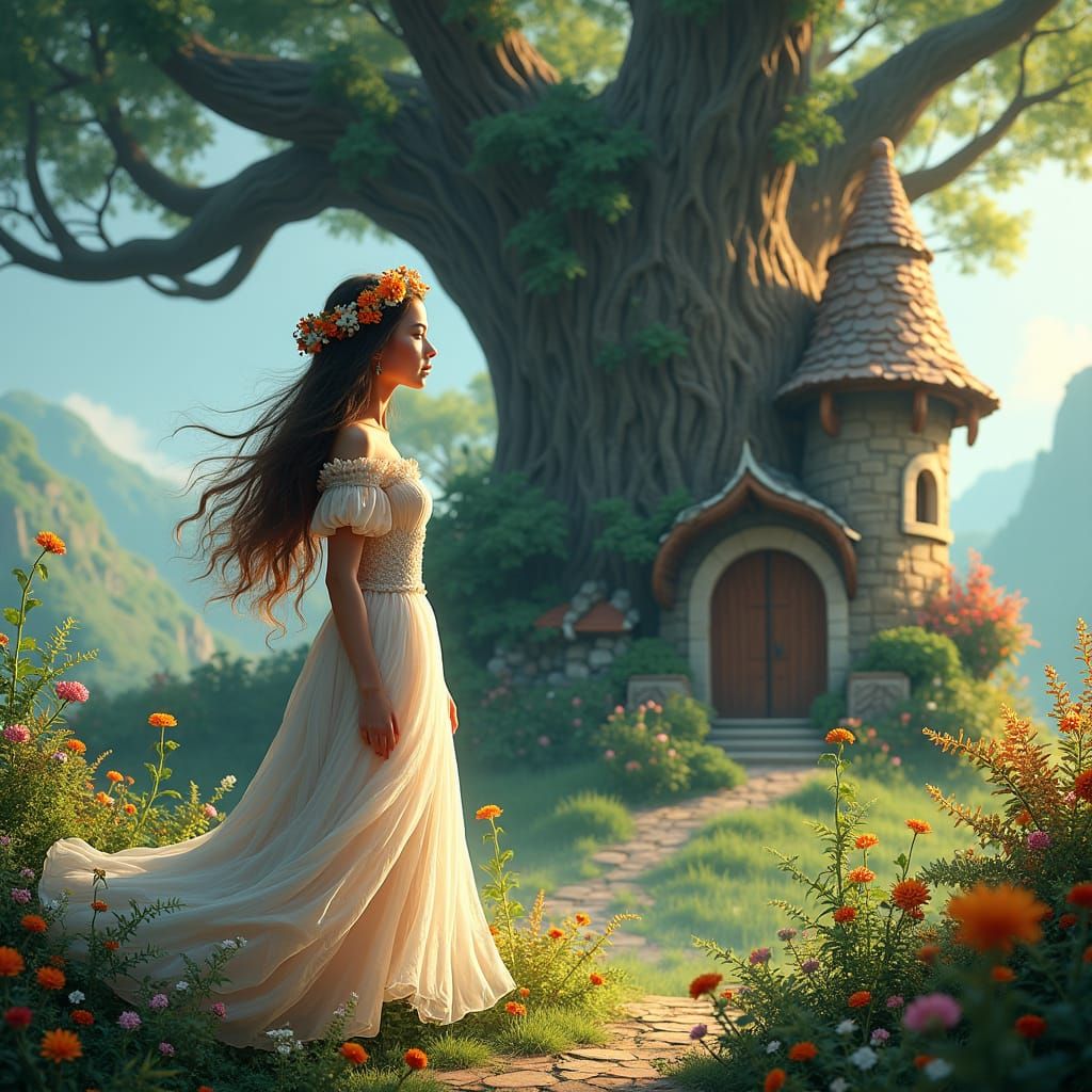 Girl in Floral Wreath in Fantasy Garden