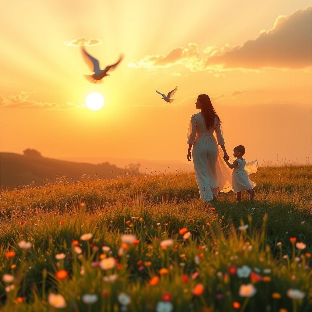 Sunset Meadow with Figures in Romantic Style