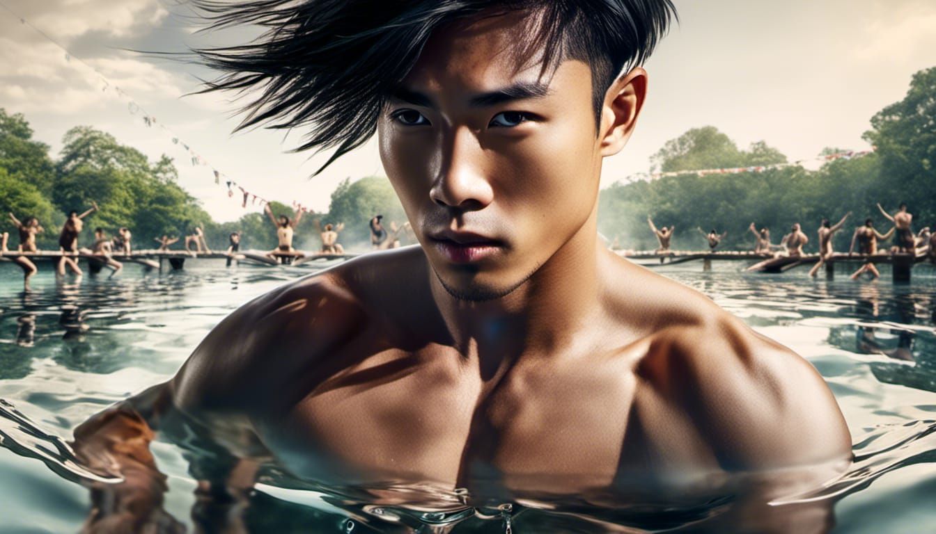 Young Asian man with six pack abs
