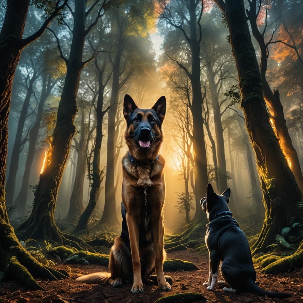 Dogs Guarding a Portal in Mystical Forest