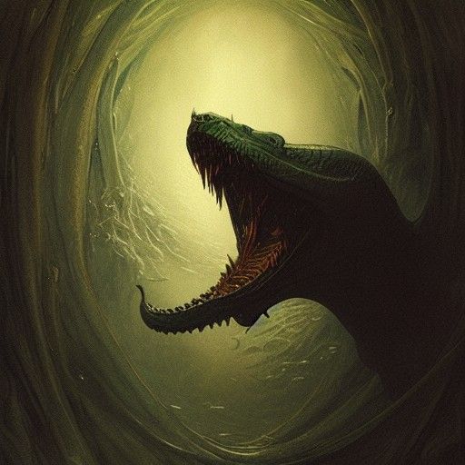 Fanged Serpent on Floating Leaf in Horror Art Style