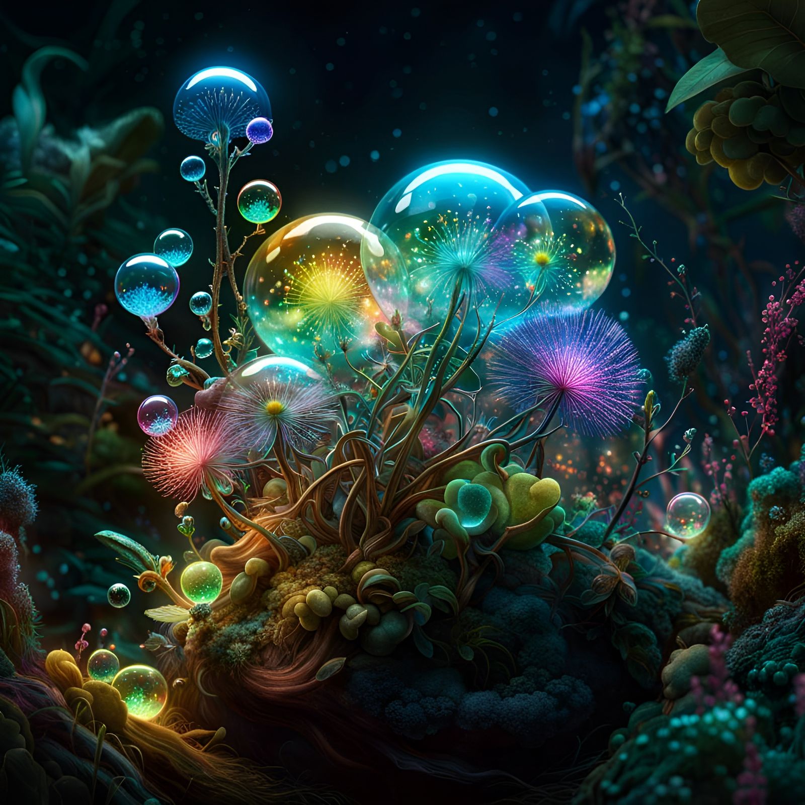 Bioluminescent Plant Shoots Rainbow Bubbles: Fantasycore Art