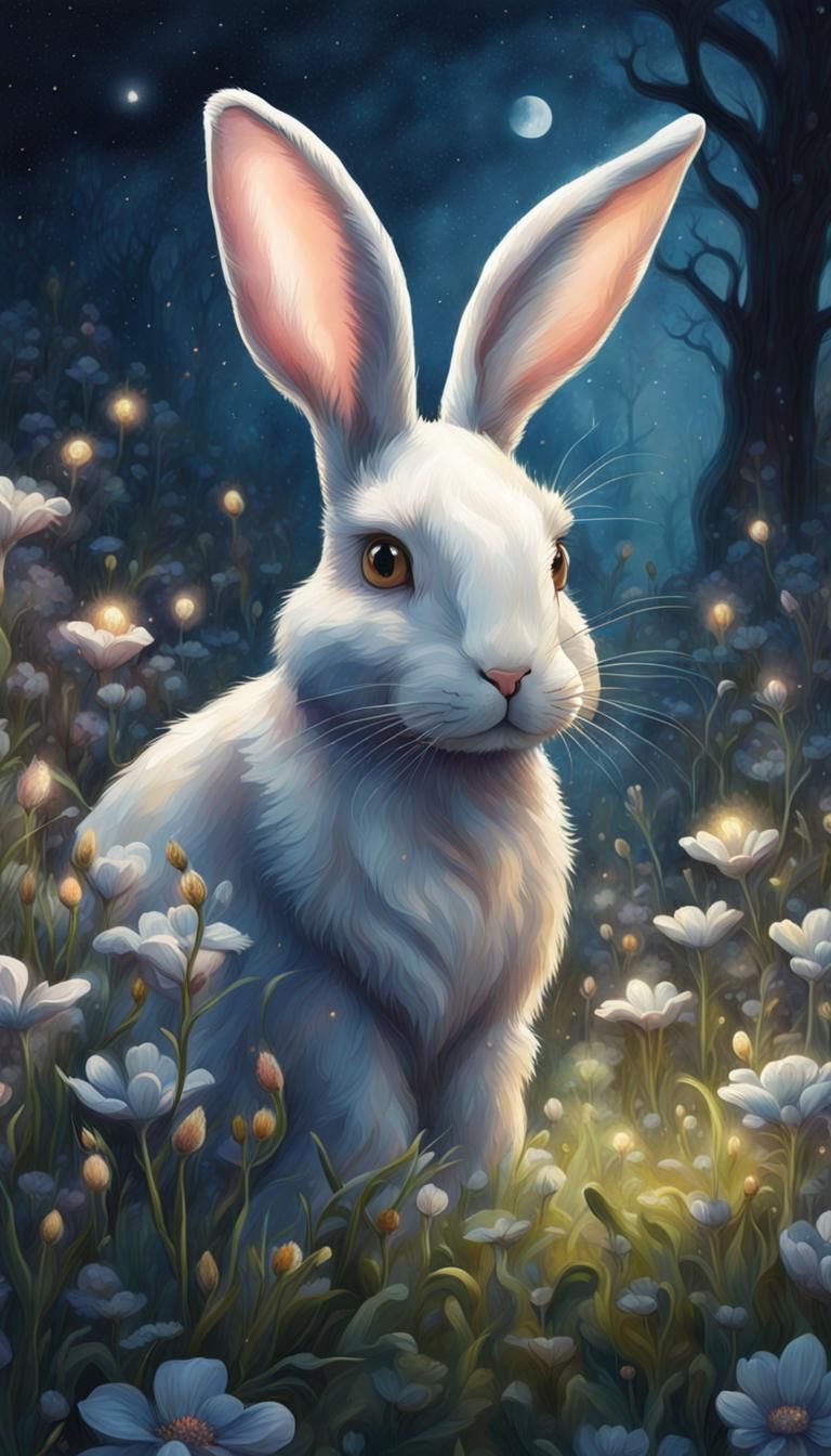 Fantasy Bunny in Moonlit Flower Forest Painting