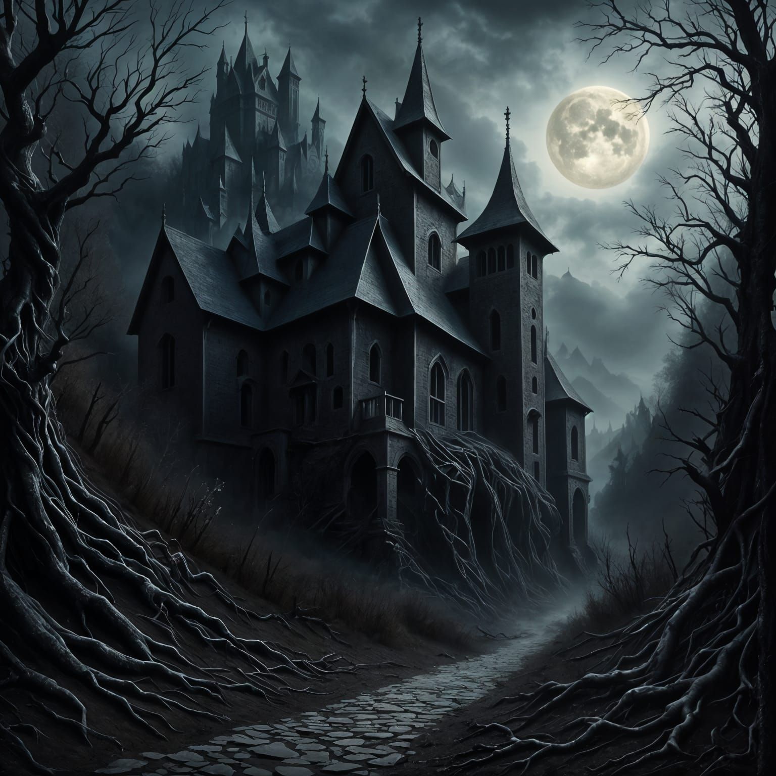 Gothic Horror Mansion Under a Full Moon in Dark, Detailed Fl...