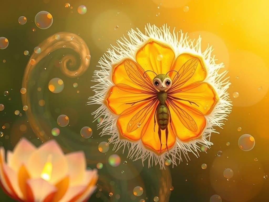 Iridescent Firefly in Whimsical Dreamlike Scene