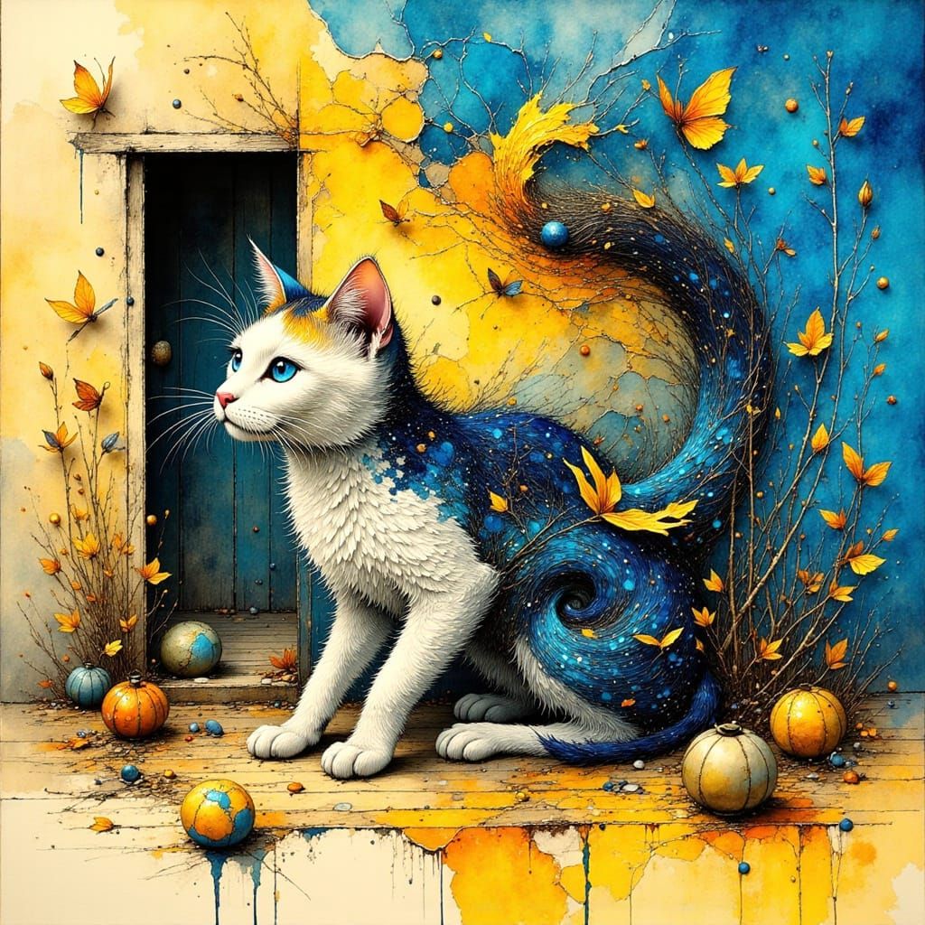 Cat Walking Through a Dreamlike Wall