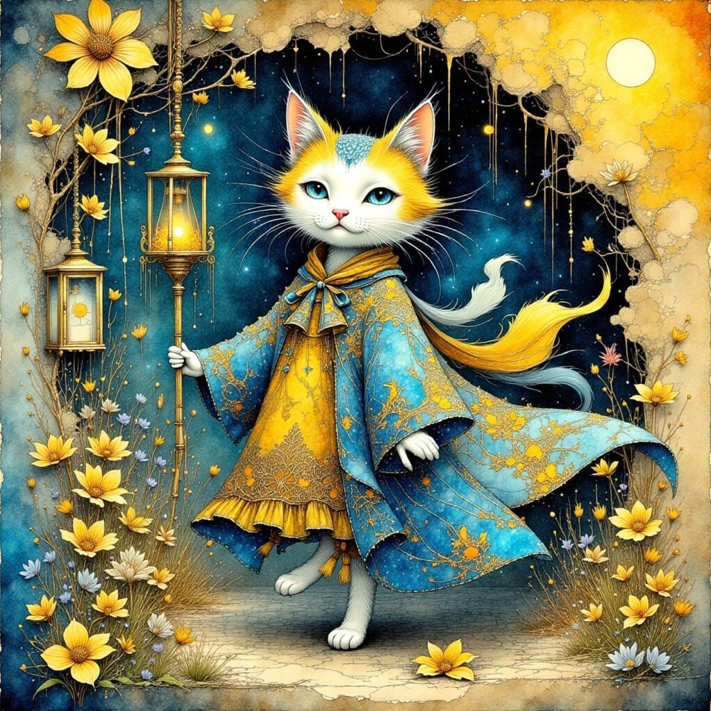 Cat Walking Through Iridescent Wall in Ink Style