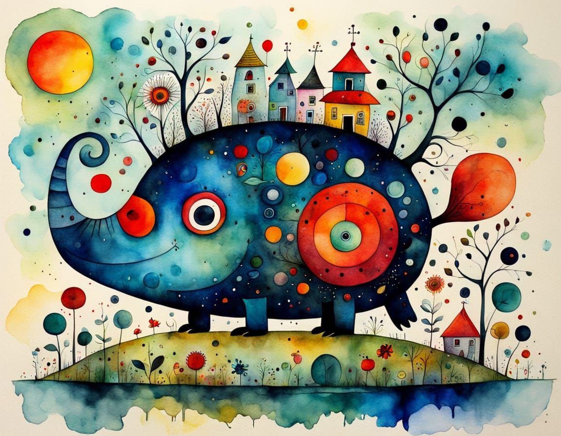 Surreal Whimsical Scene in Watercolor and Ink