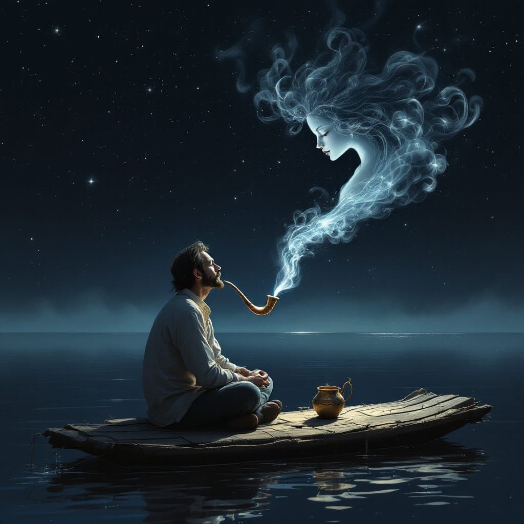 Mystical Mermaid Emerges from Smoky Pipe in Starry Sea
