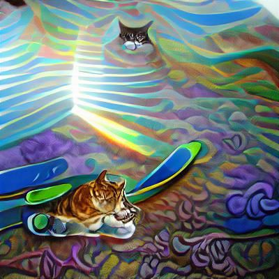 Giant Cat Surfing: Psychedelic Iridescent Painting