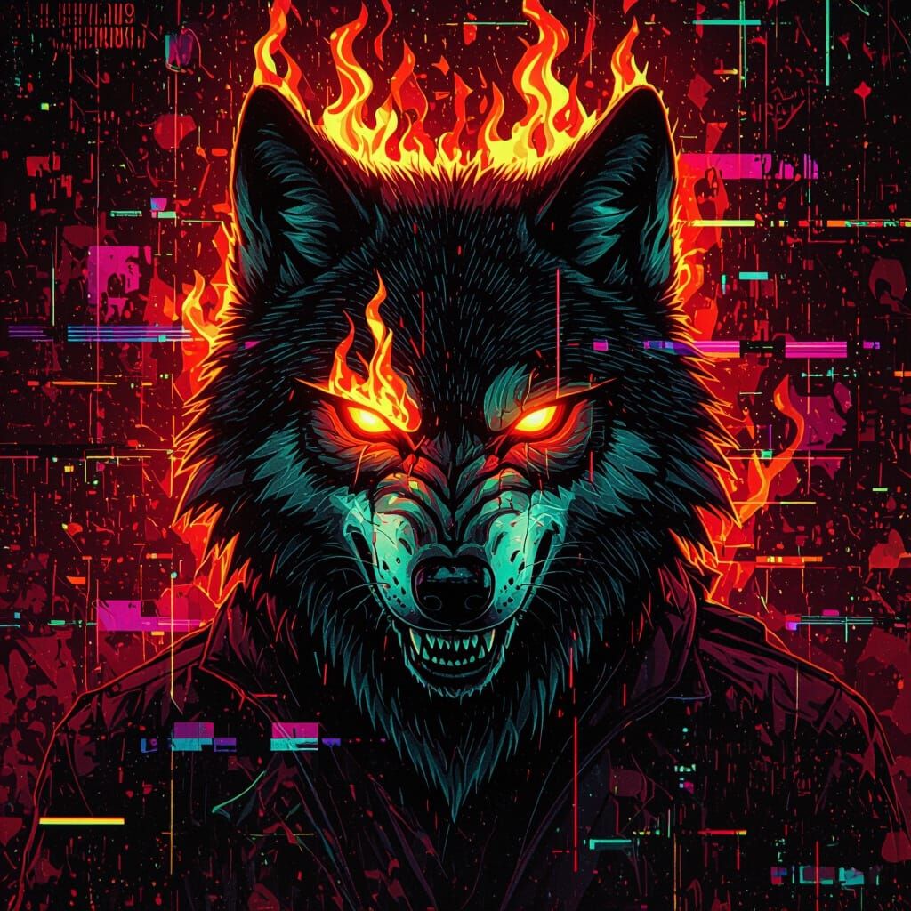 Fiery Ghost Wolf Portrait in Psychedelic Film Noir
