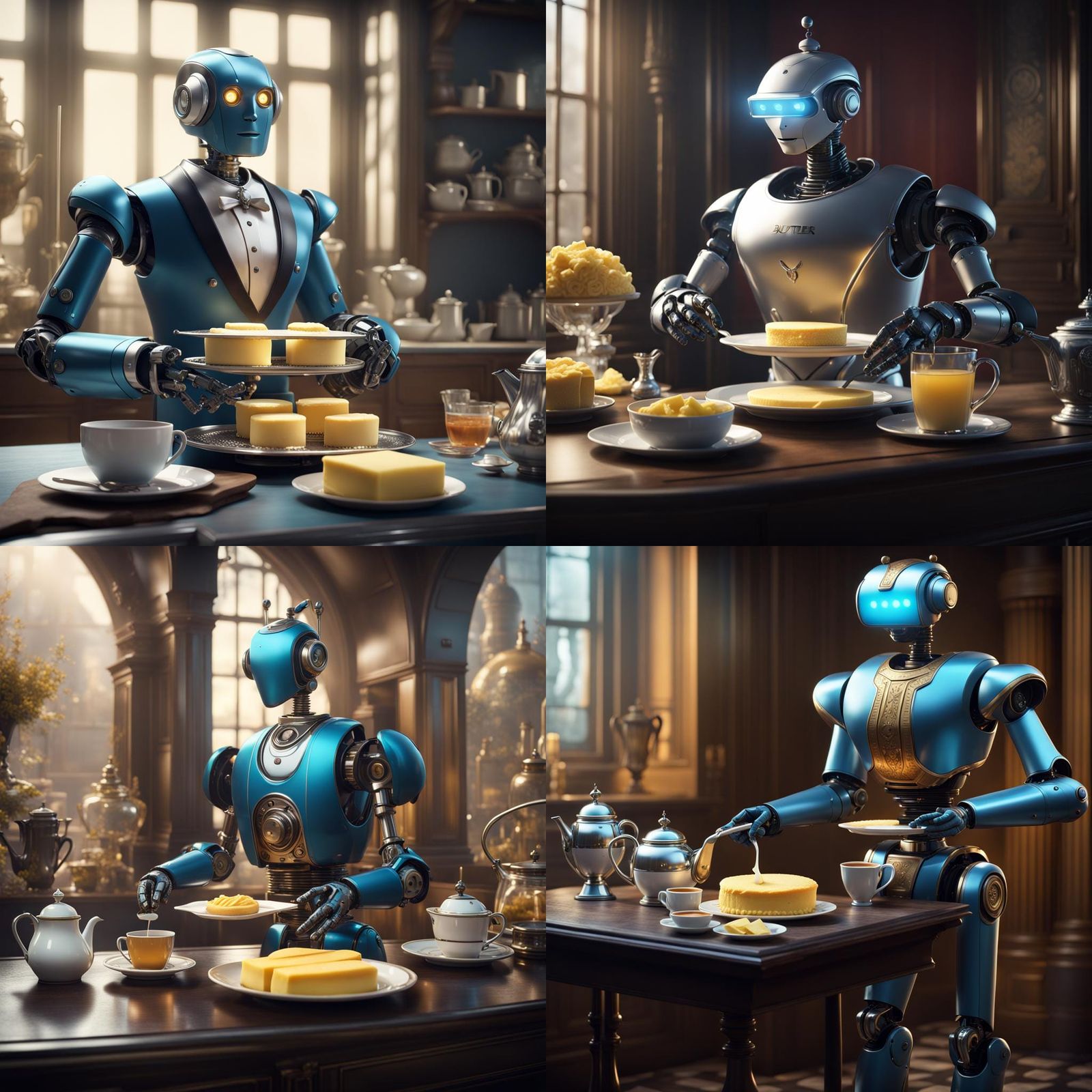 Elegant Robot Butler Serving Butter, Detailed Matte Painting