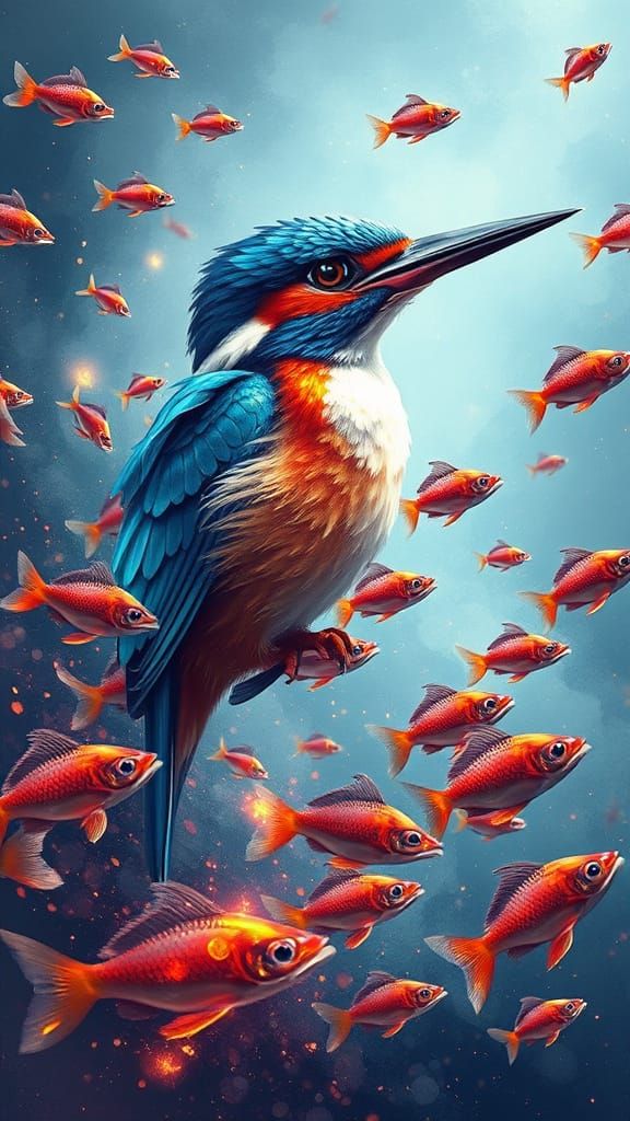 Majestic Kingfisher in Vibrant, Surreal Biomorphism