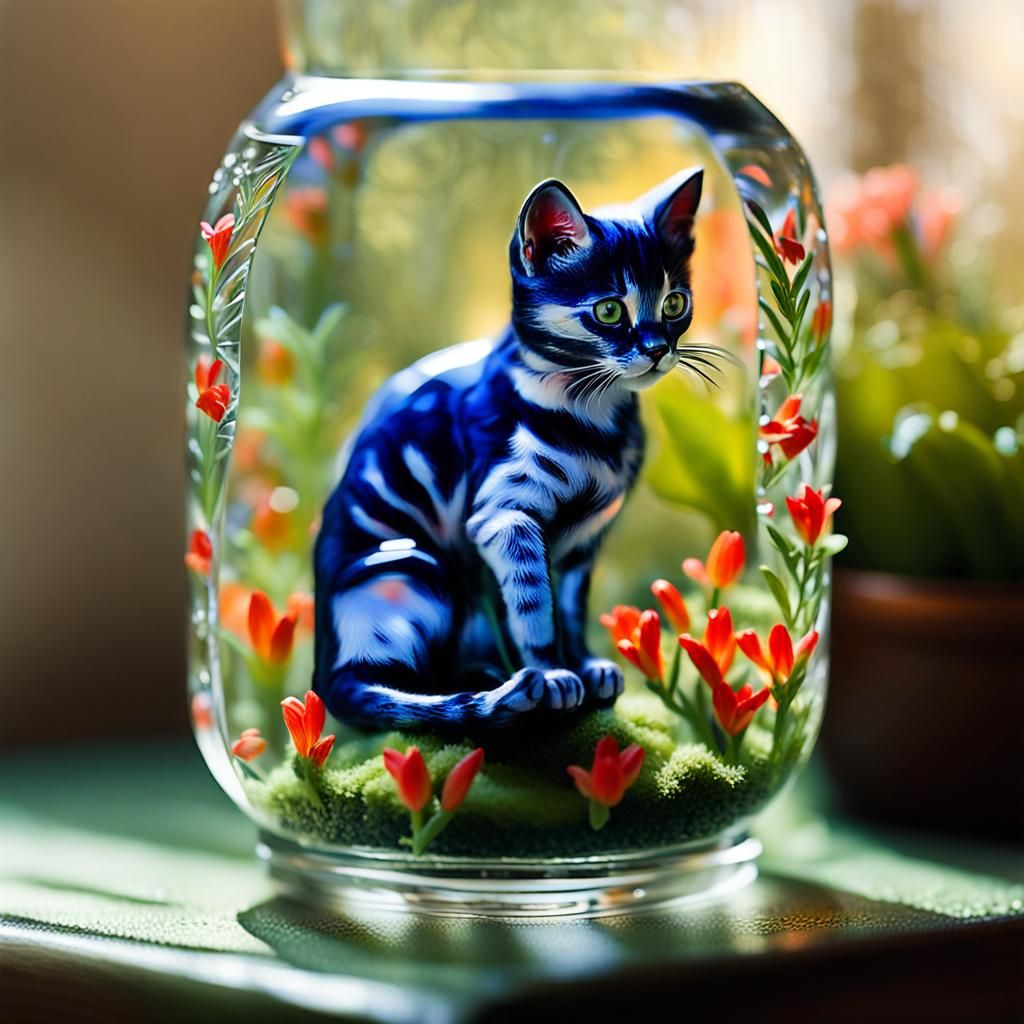 Adorable Kitten in Enameled Glass Garden: Macro Photography
