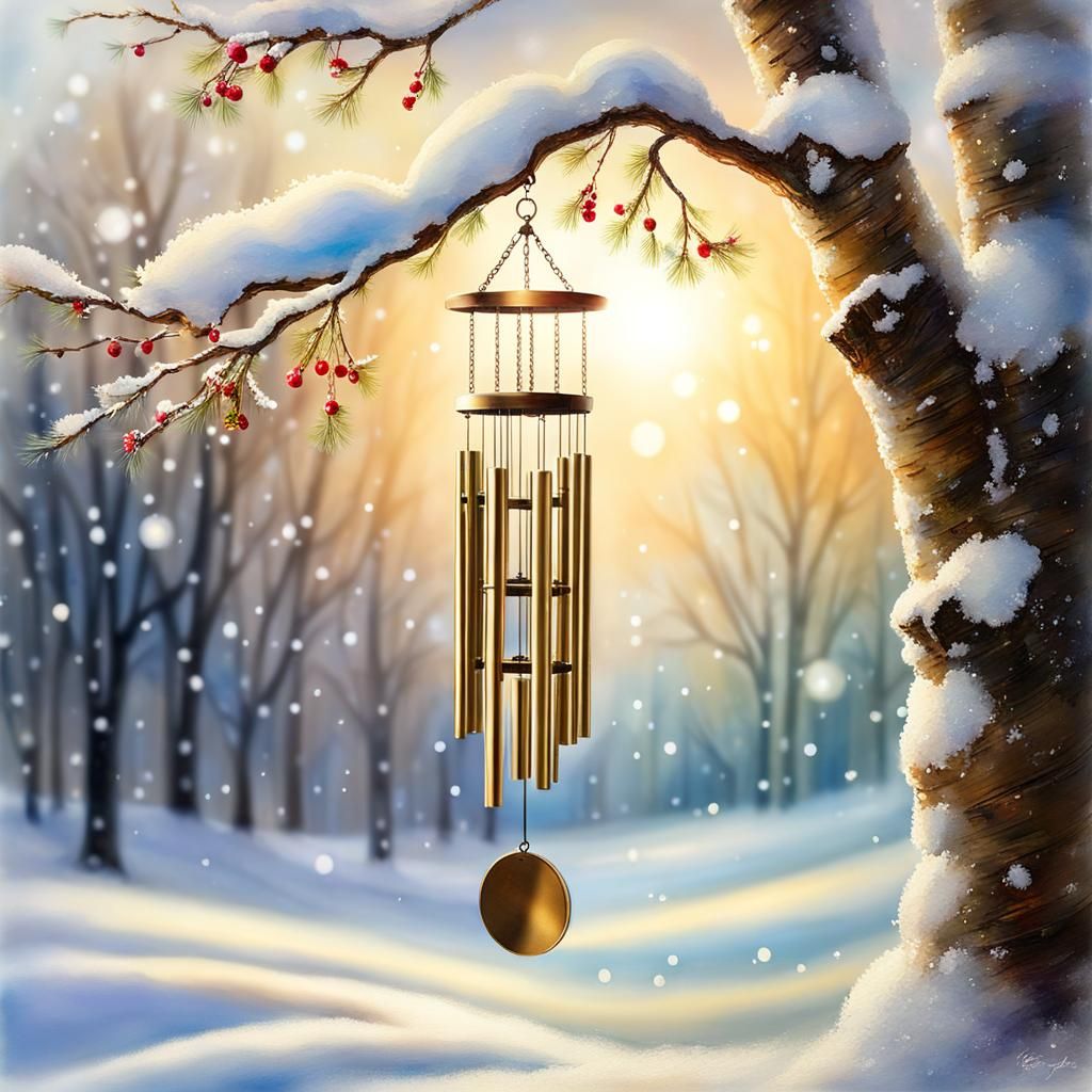 Snowy Wind Chime: Watercolor Painting with Bokeh