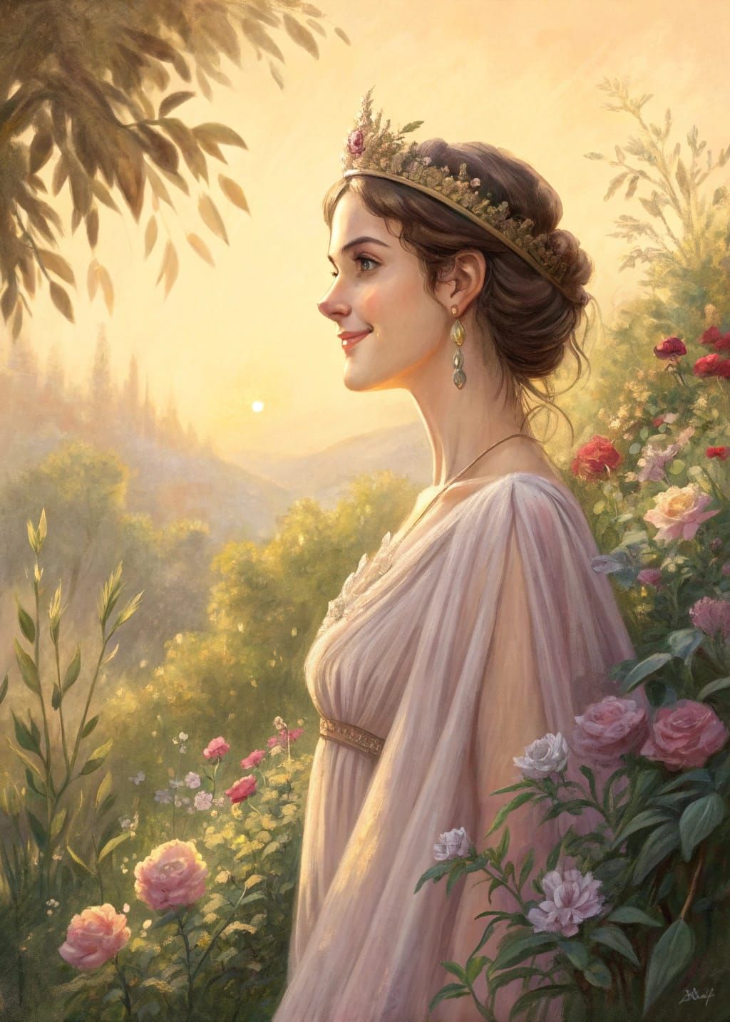 Regal Lady Basks in Morning Radiance with Gentle Smile and S...