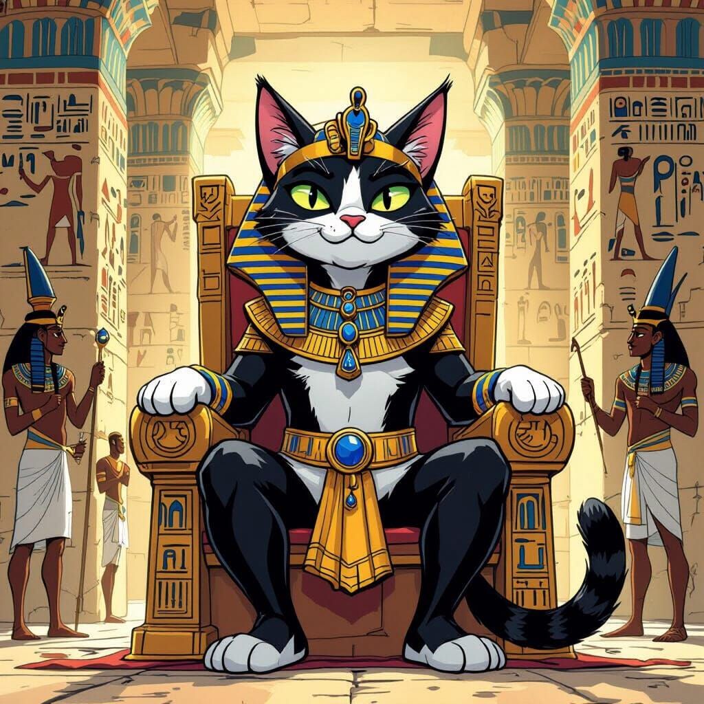 Cartoon Cat Pharaoh on Throne: Comic Book Art