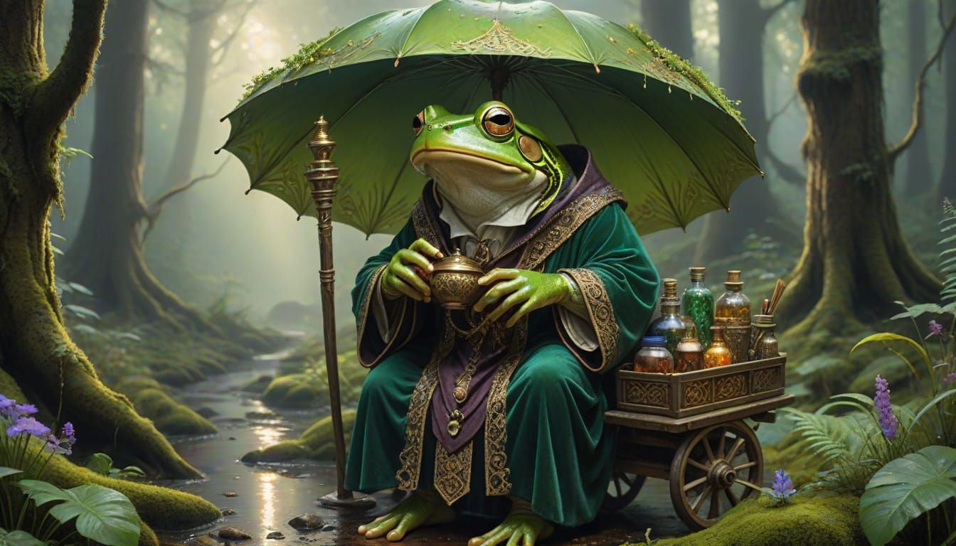 Vibrant Green Frog Wizard in Mystical Forest Landscape Paint...
