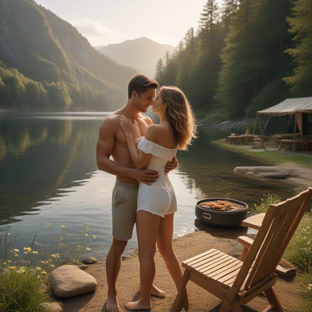 Couple's Lakeside Serenity with Caravan and Waterfall